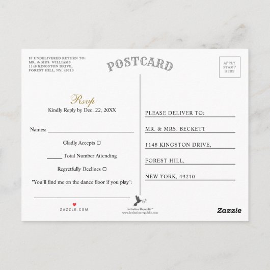 水彩松の枝ウィンターウェディングRSVP ポストカード (裏面)