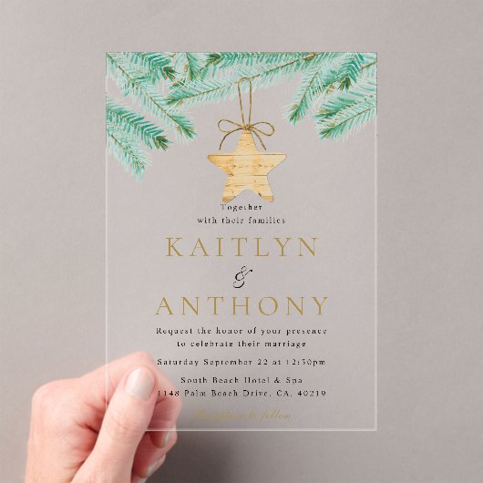 水彩松の枝クリスマスウィンターウェディング アクリル招待状 (インサイチュ (ポータブル))