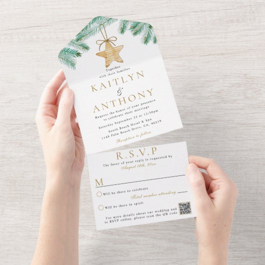 水彩松の枝クリスマスウィンターウェディング オールインワン招待状 (貼ってはがせる)