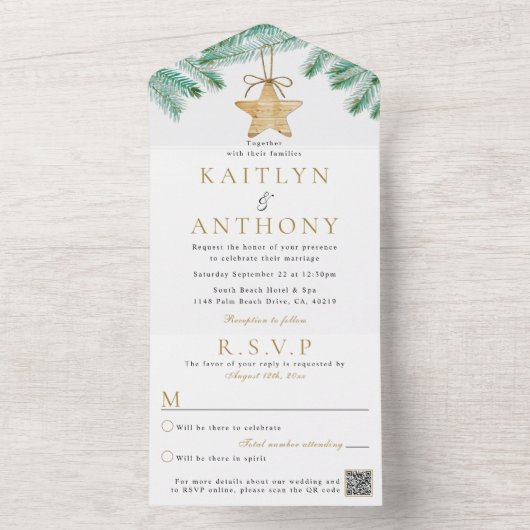 水彩松の枝クリスマスウィンターウェディング オールインワン招待状 (内側)