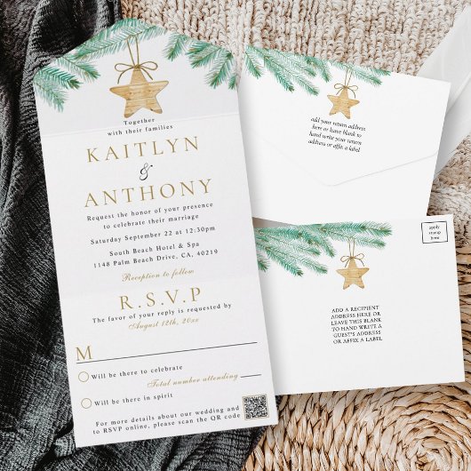 水彩松の枝クリスマスウィンターウェディング オールインワン招待状