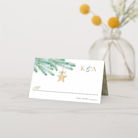 水彩松の枝クリスマスウィンターウェディング プレイスカード (正面)