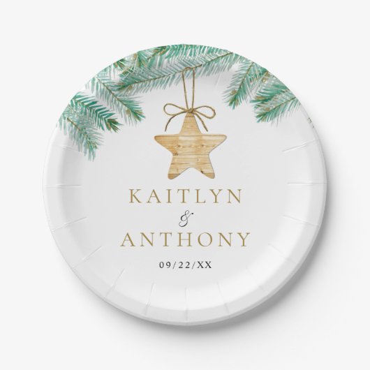 水彩松の枝クリスマスウィンターウェディング ペーパープレート (正面)