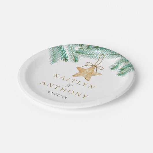 水彩松の枝クリスマスウィンターウェディング ペーパープレート (アングル)