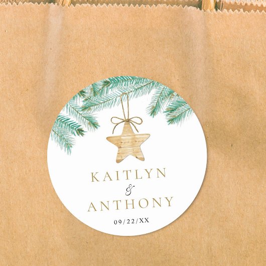 水彩松の枝クリスマスウィンターウェディング ラウンドシール