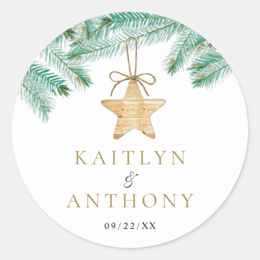 水彩松の枝クリスマスウィンターウェディング ラウンドシール (正面)
