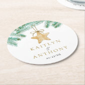水彩松の枝クリスマスウィンターウェディング ラウンドペーパーコースター (アングル)