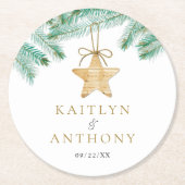 水彩松の枝クリスマスウィンターウェディング ラウンドペーパーコースター (正面)