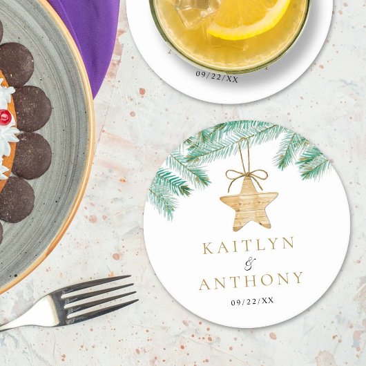 水彩松の枝クリスマスウィンターウェディング ラウンドペーパーコースター