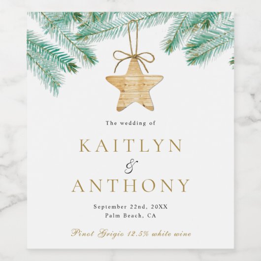 水彩松の枝クリスマスウィンターウェディング ワインラベル (シングルラベル)