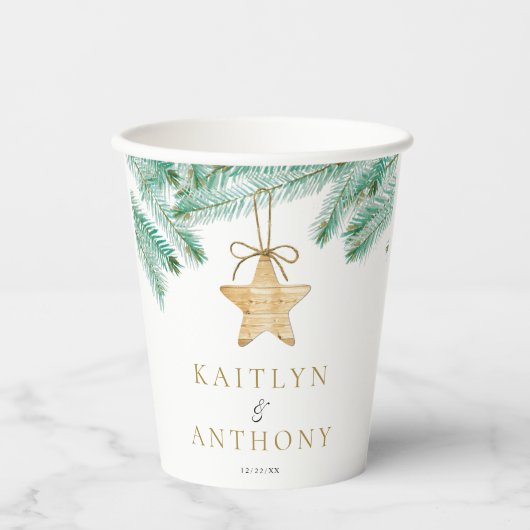 水彩松の枝クリスマスウィンターウェディング 紙コップ (正面)