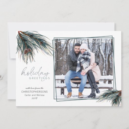 水彩松の枝ホリデーグリーティングフォト シーズンカード (正面)