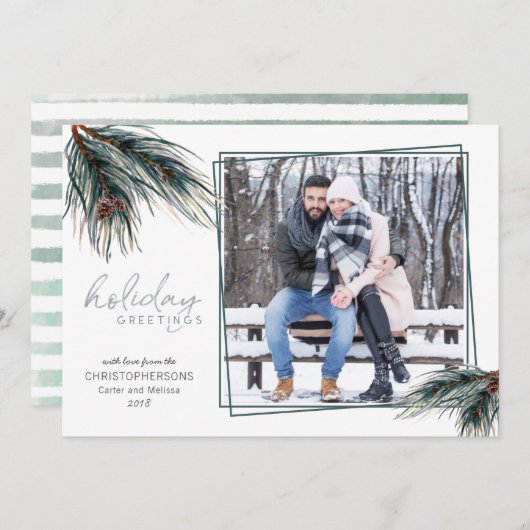 水彩松の枝ホリデーグリーティングフォト シーズンカード (正面/裏面)