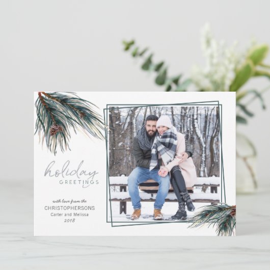 水彩松の枝ホリデーグリーティングフォト シーズンカード (スタンド正面)