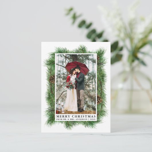 水彩松の枠結婚の写真の休日 ポストカード (スタンド正面)