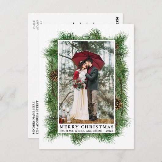 水彩松の枠結婚の写真の休日 ポストカード (正面/裏面)