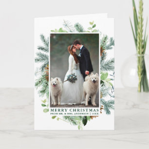 水彩松の枠結婚の写真折り緑 シーズンカード