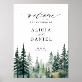 水彩松の森の冬の結婚式のウェルカムサイン ポスター (正面)