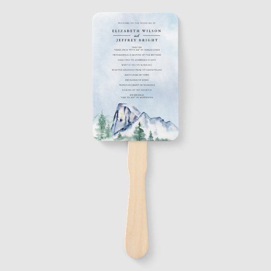 水彩松の森の冬の結婚式プログラム ハンドファン (正面)
