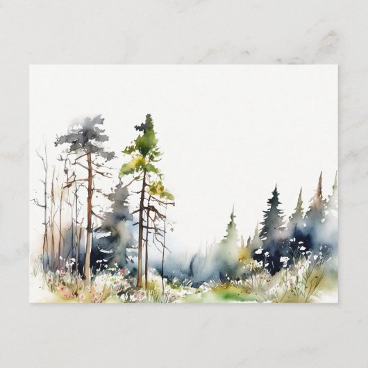 水彩松の森の風景ウェディングレセプション エンクロージャーカード (裏面)