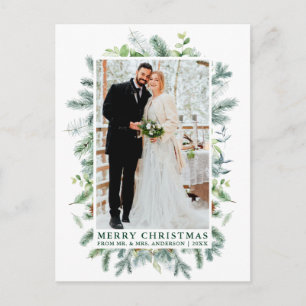 水彩松の結婚写真クリスマスグリーン ポストカード