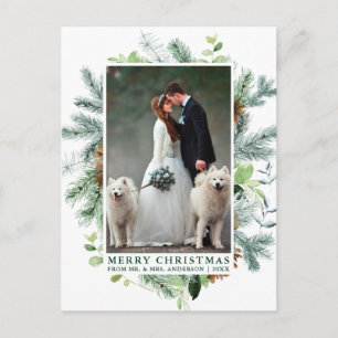 水彩松の結婚写真緑のクリスマス ポストカード