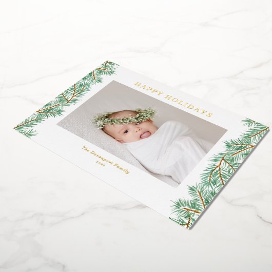 水彩松の葉のガーランド写真 箔シーズンカード (回転した状態)