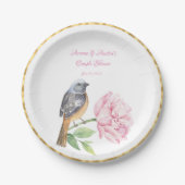 水彩松の鳥とバラカップルのシャワー ペーパープレート (正面)