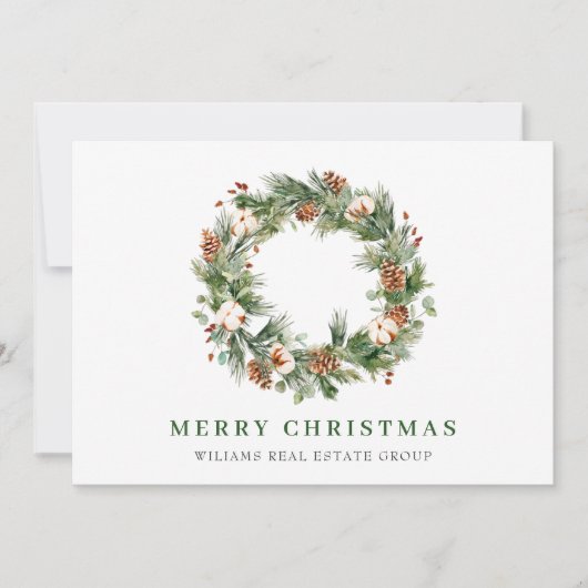 水彩松ぼっくりリースのクリスマス企業 シーズンカード (正面)