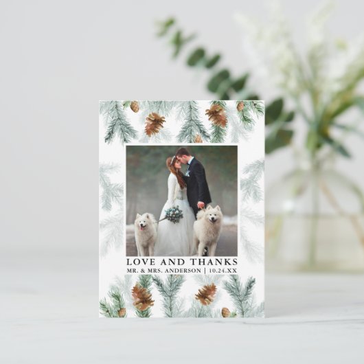 水彩松ぼっくり愛感謝ウェディングフォト ポストカード (スタンド正面)