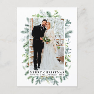 水彩松エレガントのフレーム結婚のクリスマス ポストカード