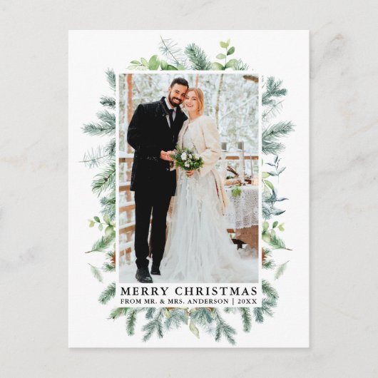 水彩松エレガントのフレーム結婚のクリスマス ポストカード (正面)