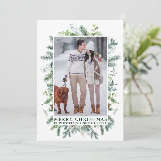 水彩松エレガント縁組写真緑 シーズンカード (スタンド正面)