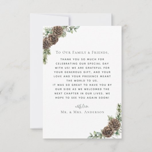 水彩松コーン冬エレガントの結婚式の写真 サンキューカード (裏面)