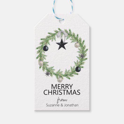 水彩松リース白黒クリスマス ギフトタグ (正面)
