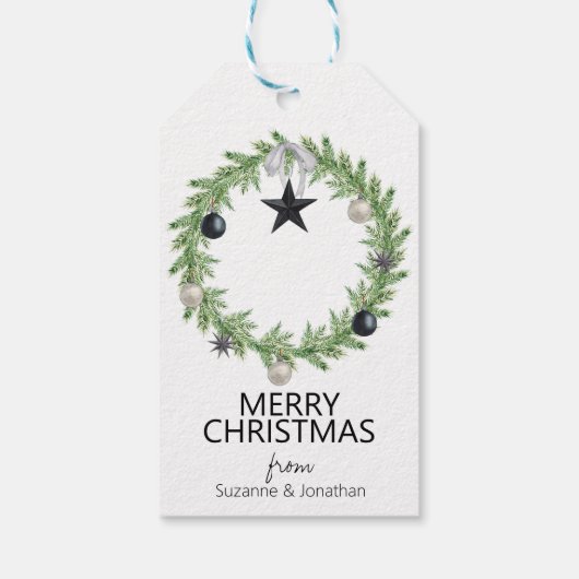 水彩松リース白黒クリスマス ギフトタグ (裏面)