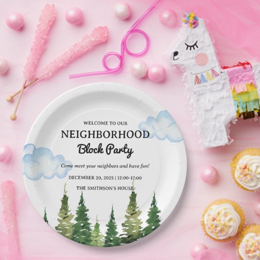 水彩松木周辺ブロックパーティー ペーパープレート (パーティー)