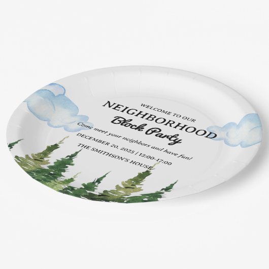 水彩松木周辺ブロックパーティー ペーパープレート (アングル)