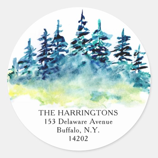 水彩松木手描き差出人住所 ラウンドシール (正面)