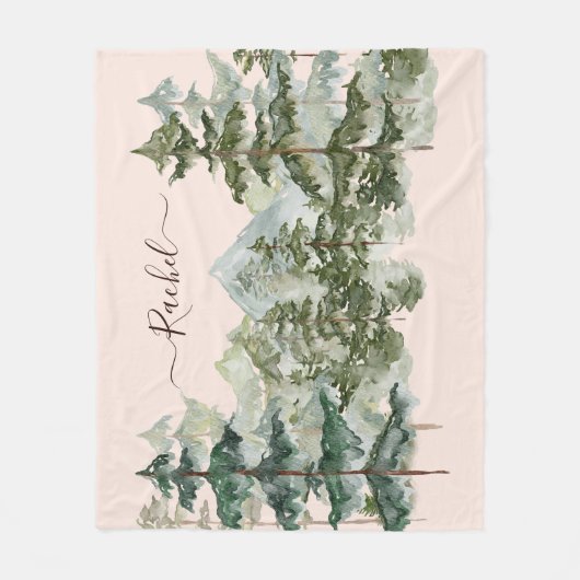 水彩松林と山の美学 フリースブランケット (正面)