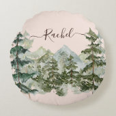 水彩松林と山の美学 ラウンドクッション (正面)