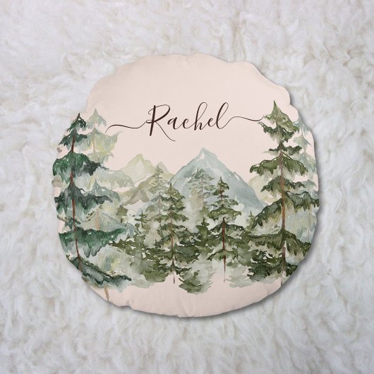 水彩松林と山の美学 ラウンドクッション