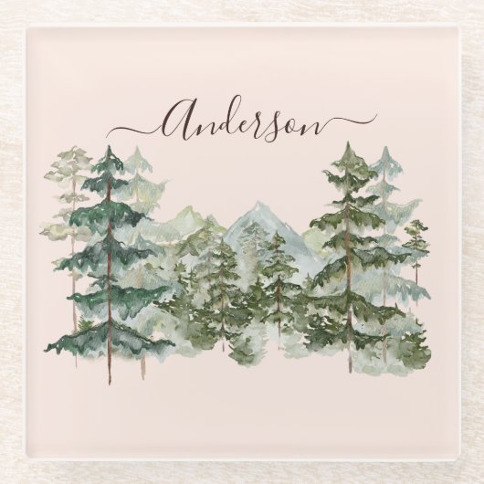 水彩松林と山素朴 ガラスコースター (正面)