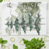 水彩松林と山素朴 キッチンタオル (折り畳み)