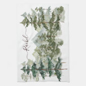 水彩松林と山素朴 キッチンタオル (縦)