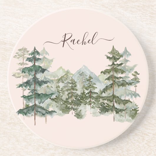 水彩松林と山素朴 コースター (正面)