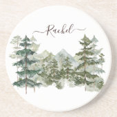 水彩松林と山素朴 コースター (正面)