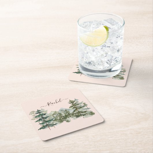 水彩松林と山素朴 スクエアペーパーコースター (インサイチュ)