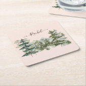 水彩松林と山素朴 スクエアペーパーコースター (アングル)