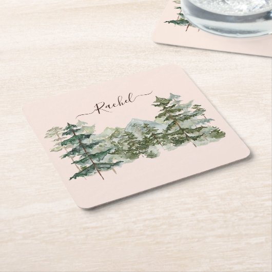 水彩松林と山素朴 スクエアペーパーコースター (アングル)